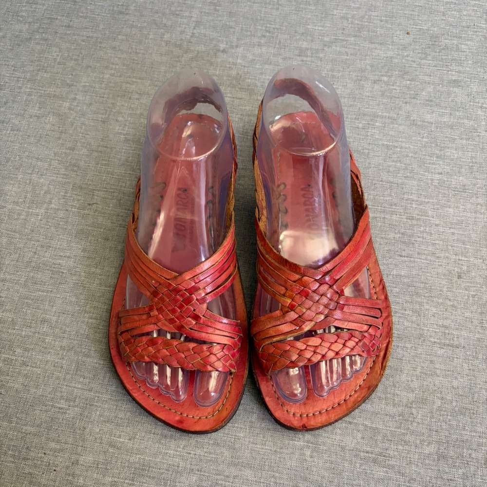 Monarca Huarache Sandals Womens 7 Red Leather Woven Slingback Flats Mexico Y2K